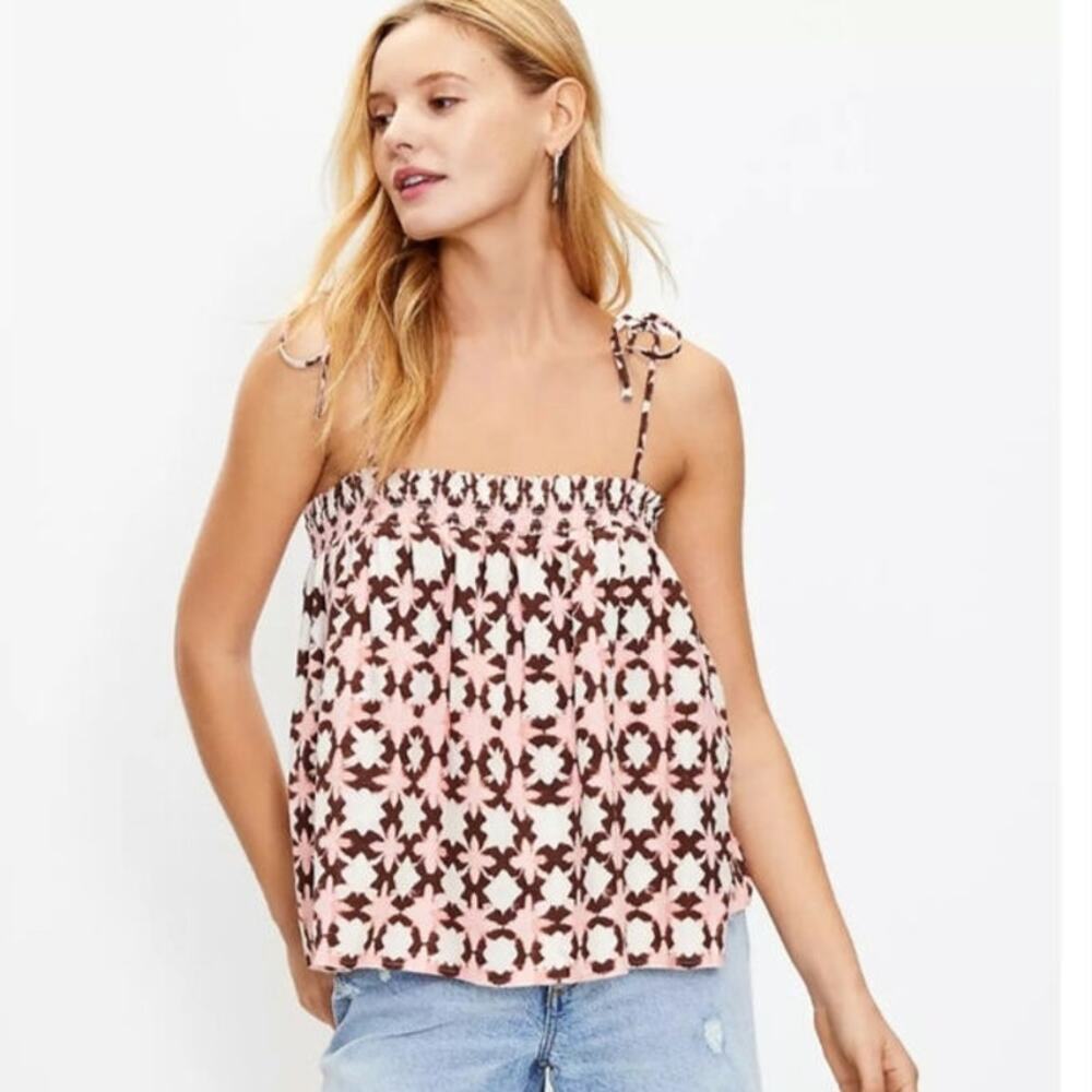 Loft NWT sunwashed linen blend floral smocked tie bow strap cami top womans sz M